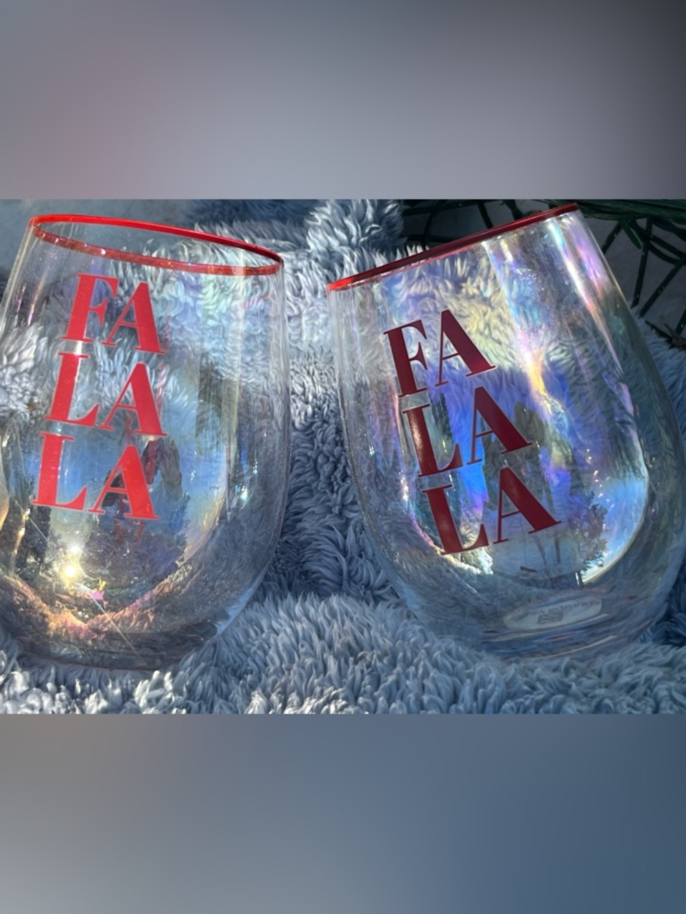 Holiday 'Fa La La' Iridescent Stemless Wine Glasses with Red Trim by Mary Square